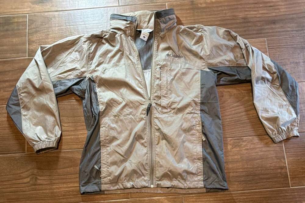 Columbia Full Zip Windbreaker Jacket Size M Tan Gray Hooded